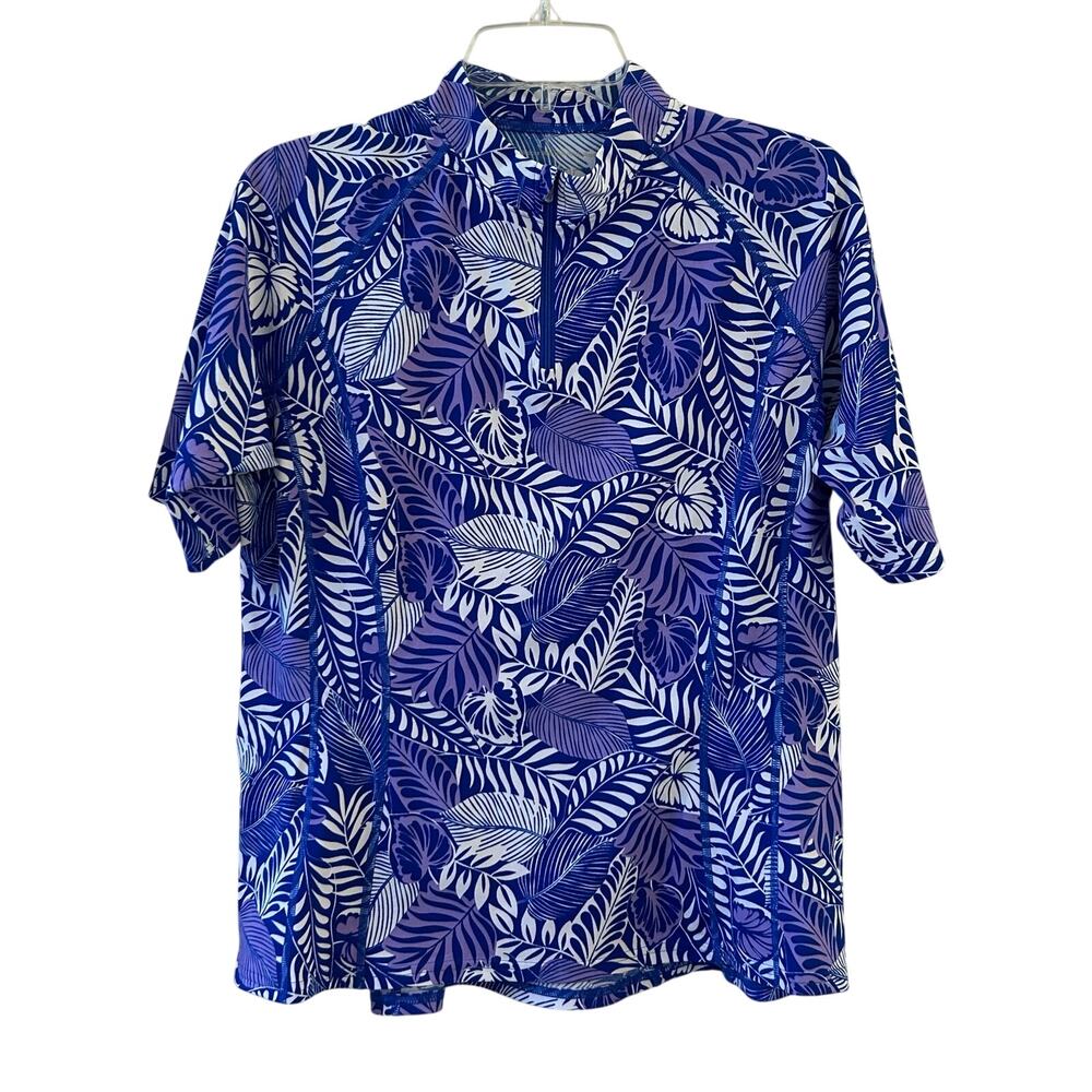 Coolibar Women's Freestyle Short Sleeve Rash Guard Purple Blue Tropical Leaf L